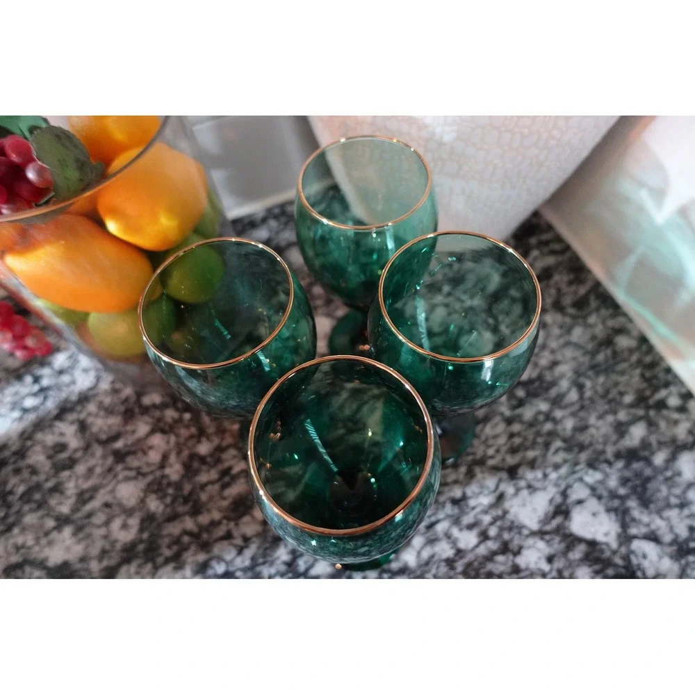 Vintage Emerald Green Wine Glasses Gold Rim Stemmed Goblets Set of‎ 4 Jewel Tone